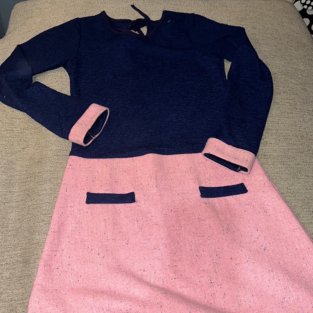 Youth size 10, longsleeve dress, navy pink, 2 faux front pockets  navy trim hem